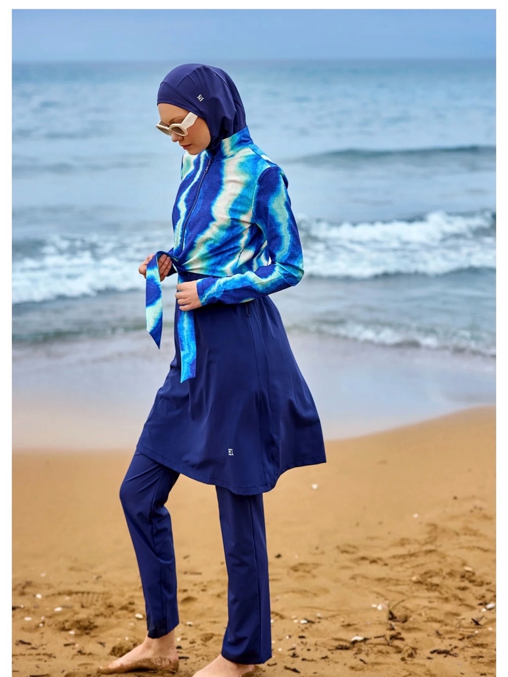 MARINA Blue & Teal Wave-Print Modest Swim suit and kimono